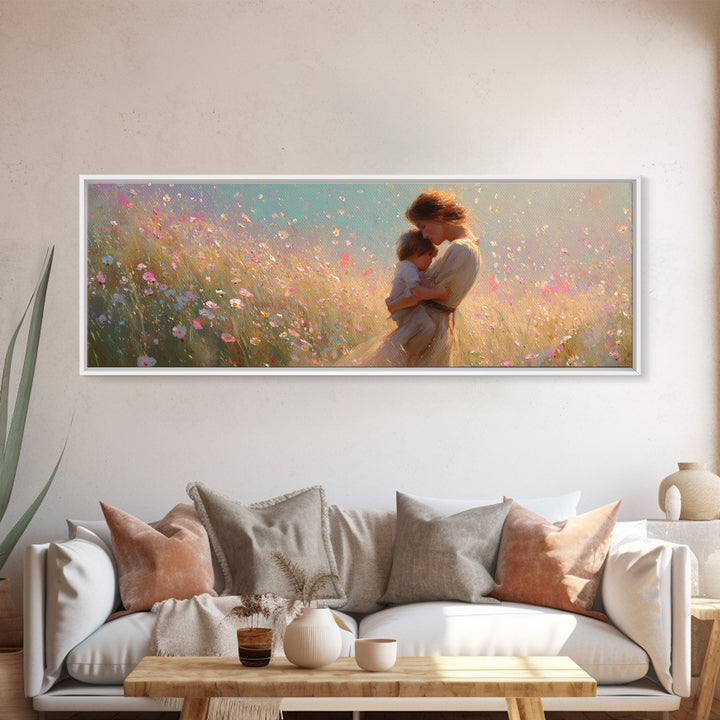 Golden Mother And Child In Pastel Wildflowers Canvas Print, Romantic Wall Art, Feminine Decor, Gift For Her, Above Bed Art