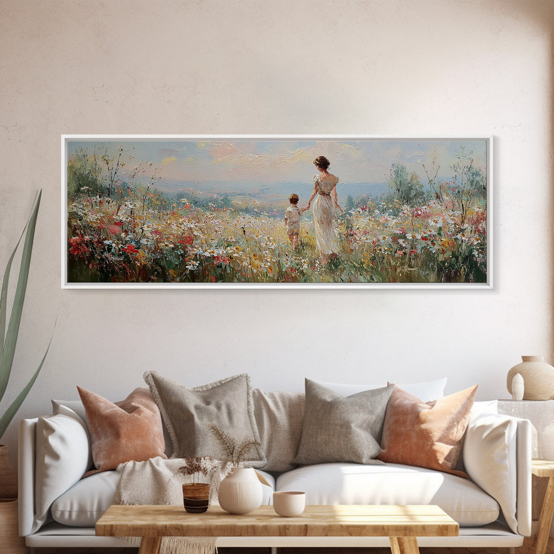 Mother And Child Walking Through Wildflower Meadow Wall Art, Panoramic Canvas Print, Coastal Decor, Nursery Art, Gift For Mom