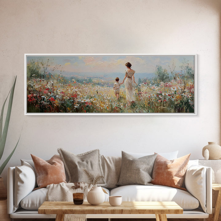 Mother And Child Walking Through Wildflower Meadow Wall Art, Panoramic Canvas Print, Coastal Decor, Nursery Art, Gift For Mom