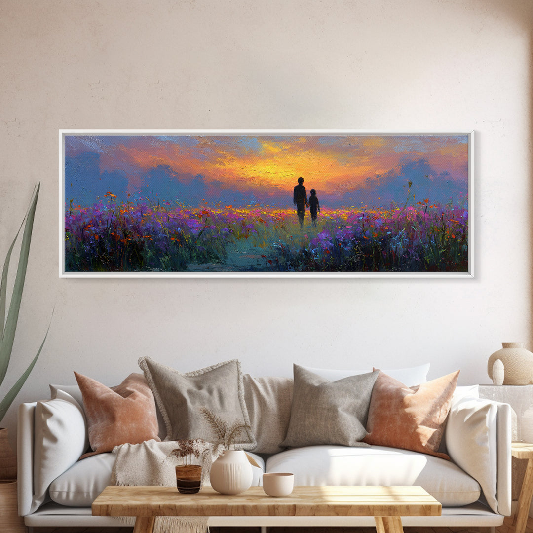 Father And Child Sunset Meadow Wall Art, Wildflower Landscape Canvas Print, Guardian Angel Gift, Nursery And Living Room Decor