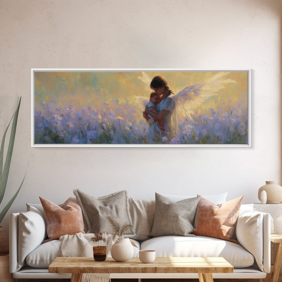 Guardian Angel Mother And Baby In Lavender Field Framed Canvas Print, Christian Wall Art, Nursery Decor, Gift For Mom, Home Decor