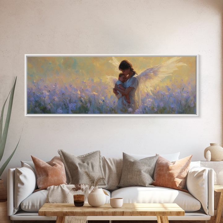 Guardian Angel Mother And Baby In Lavender Field Framed Canvas Print, Christian Wall Art, Nursery Decor, Gift For Mom, Home Decor