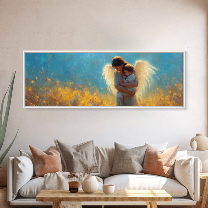 Golden Guardian Angel With Child Canvas Print, Blue Sky Wildflower Wall Art, Christian Nursery Decor, Spiritual Gift For Mom