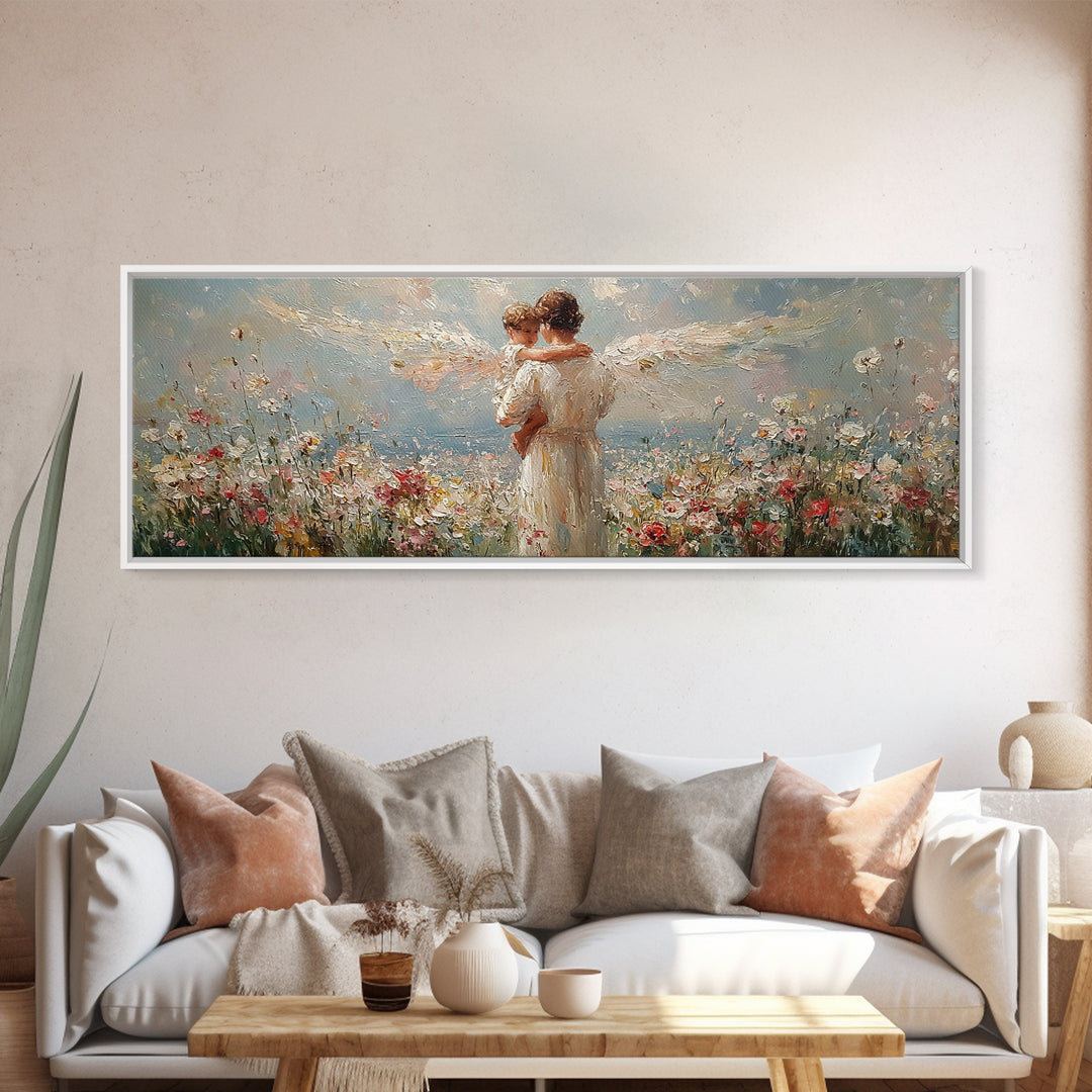 Angel Mother Embracing Child In Flower Garden Wall Art, Textured Oil Painting Framed Canvas Print, Christian Home Decor Gift