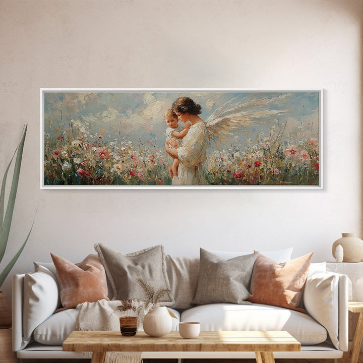 Angel Mother Holding Baby In Floral Meadow Canvas Print, Christian Wall Art, Guardian Angel Nursery Decor, Gift For Mom And Baby Shower Gift