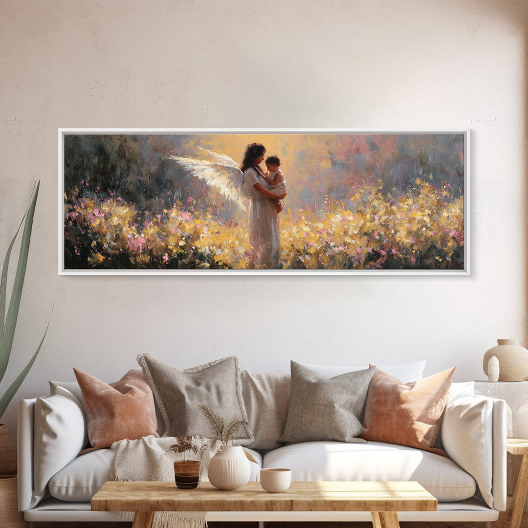 Glowing Angel Mother And Child In Flower Field Wall Art, Impressionist Framed Canvas Print, Christian Nursery Decor Gift