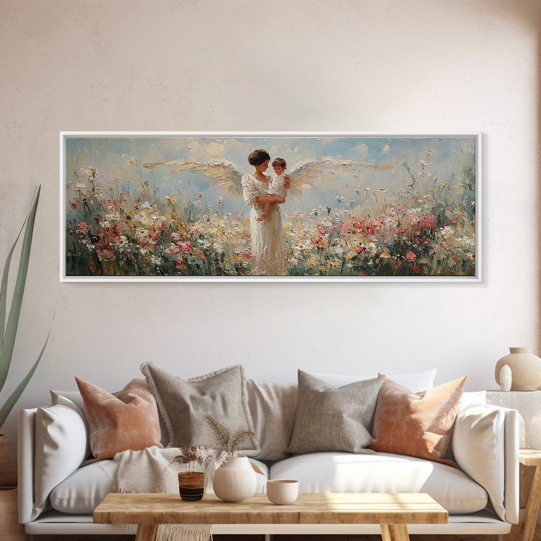 Angel Mother And Child Among White Flowers Framed Canvas Print, Christian Wall Art, Guardian Angel Nursery Decor, Gift For Mom