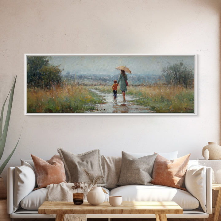 Mother And Child Walking In Rain Wall Art, Umbrella Country Path Landscape Canvas Print, Rustic Farmhouse Home Decor Gift