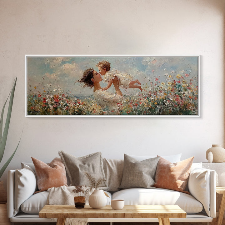 Mother And Baby In Wildflower Meadow Framed Canvas Print, Impressionist Nursery Wall Art, Gift For Mom, Bedroom Wall Decor