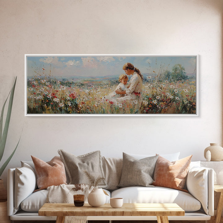 Mother And Toddler In Sunny Wildflower Meadow Framed Canvas Print, Impressionist Wall Art, Nursery Decor, Gift For Mom, Home Decor