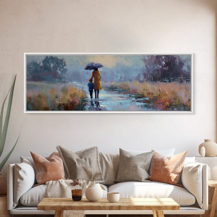 Mother And Child Walking In Rain With Blue Umbrella Framed Canvas Print, Moody Landscape Wall Art, Office Decor, Housewarming Gift