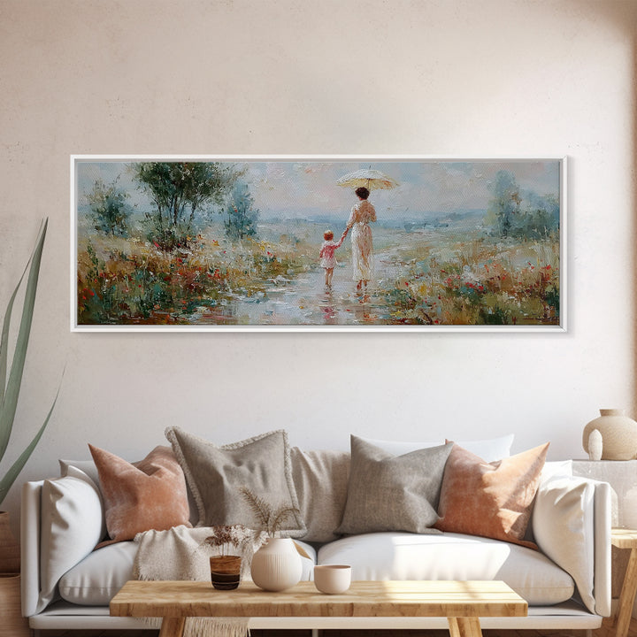 Mother And Child Strolling With Parasol In Misty Meadow Canvas Print, Impressionist Wall Art, Nursery Decor, Housewarming Gift