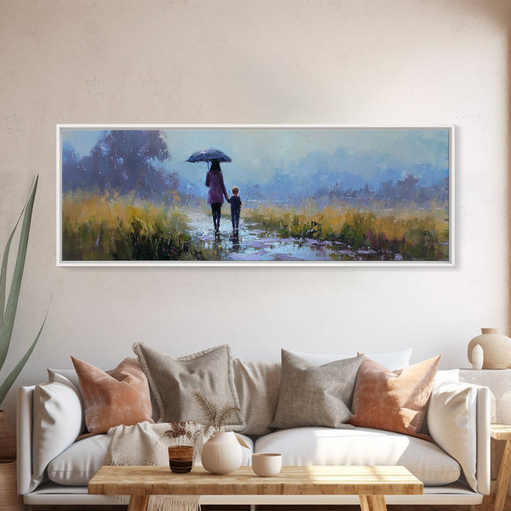 Mother And Son Under Blue Umbrella On Rainy Path Framed Canvas Print, Moody Landscape Wall Art, Bedroom Decor, Gift For Her