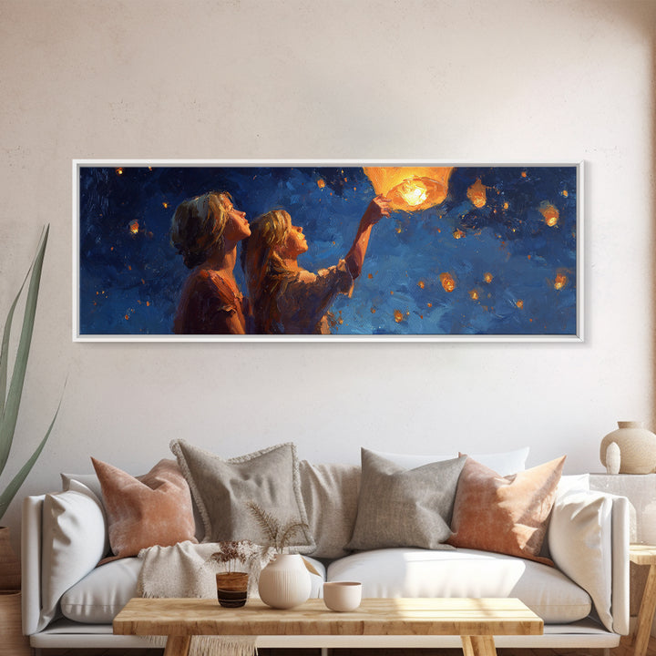 Girls Releasing Lanterns At Starry Night Canvas Print, Celestial Wall Art, Whimsical Decor, Bedroom Decor, Gift For Her, Home Decor