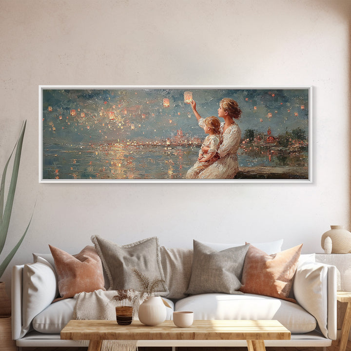 Mother And Baby Lantern Festival Framed Canvas Print, Coastal Wall Art, Romantic Decor, Nursery Art, Housewarming Gift For Her