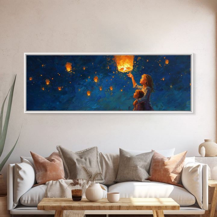 Children Lifting Glowing Sky Lantern Canvas Print, Celestial Wall Art, Kids Room Decor, Whimsical Decor, Nursery Art, Gift For Kids