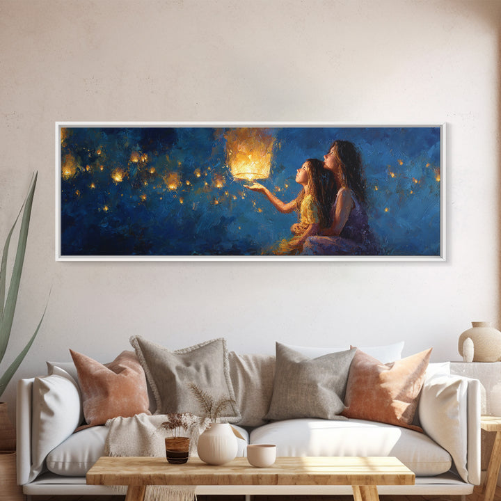 Sisters Holding Lantern Under Blue Night Wall Art, Celestial Canvas Print, Whimsical Decor, Bedroom Wall Art, Gift For Her