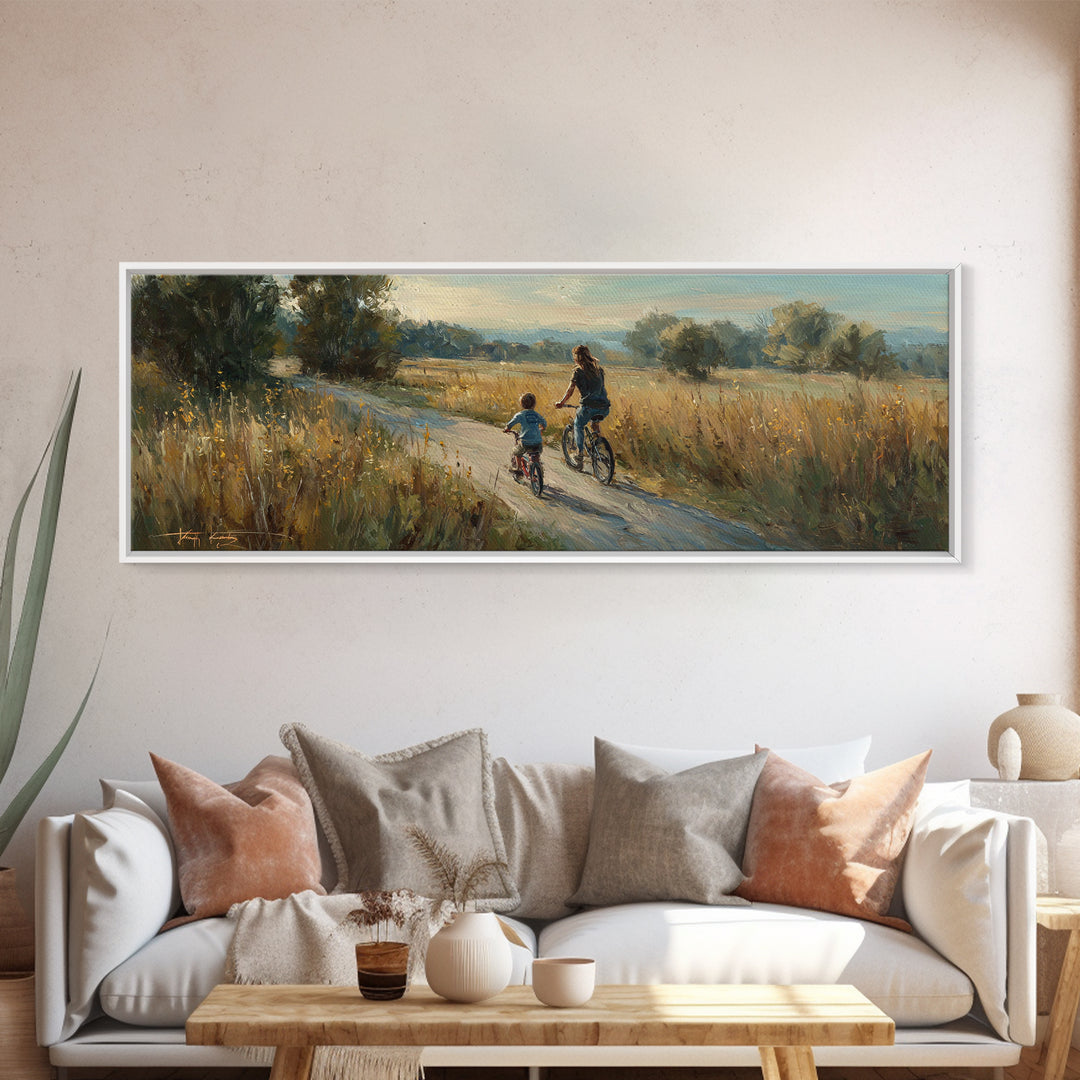 Mother And Child Biking Golden Meadow Canvas Print, Country Landscape Wall Decor, Housewarming Gift, Farmhouse Home Decor