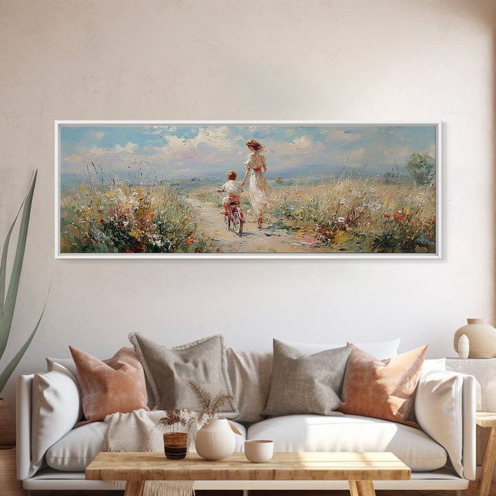 Windy Coastal Bike Ride With Child Canvas Print, Wildflower Meadow Wall Decor, Beach House Decor, Large Horizontal Art Print