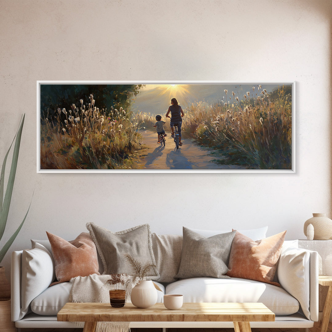Sunlit Mother And Child Biking Path Framed Canvas Print, Golden Meadow Landscape, Living Room Wall Art, Housewarming Gift