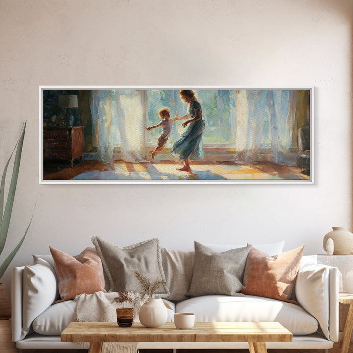 Mother And Child Dancing In Sunlit Room Canvas Print, Warm Window Light, Family Wall Decor, Bedroom Art, Gift For Her, Home Decor