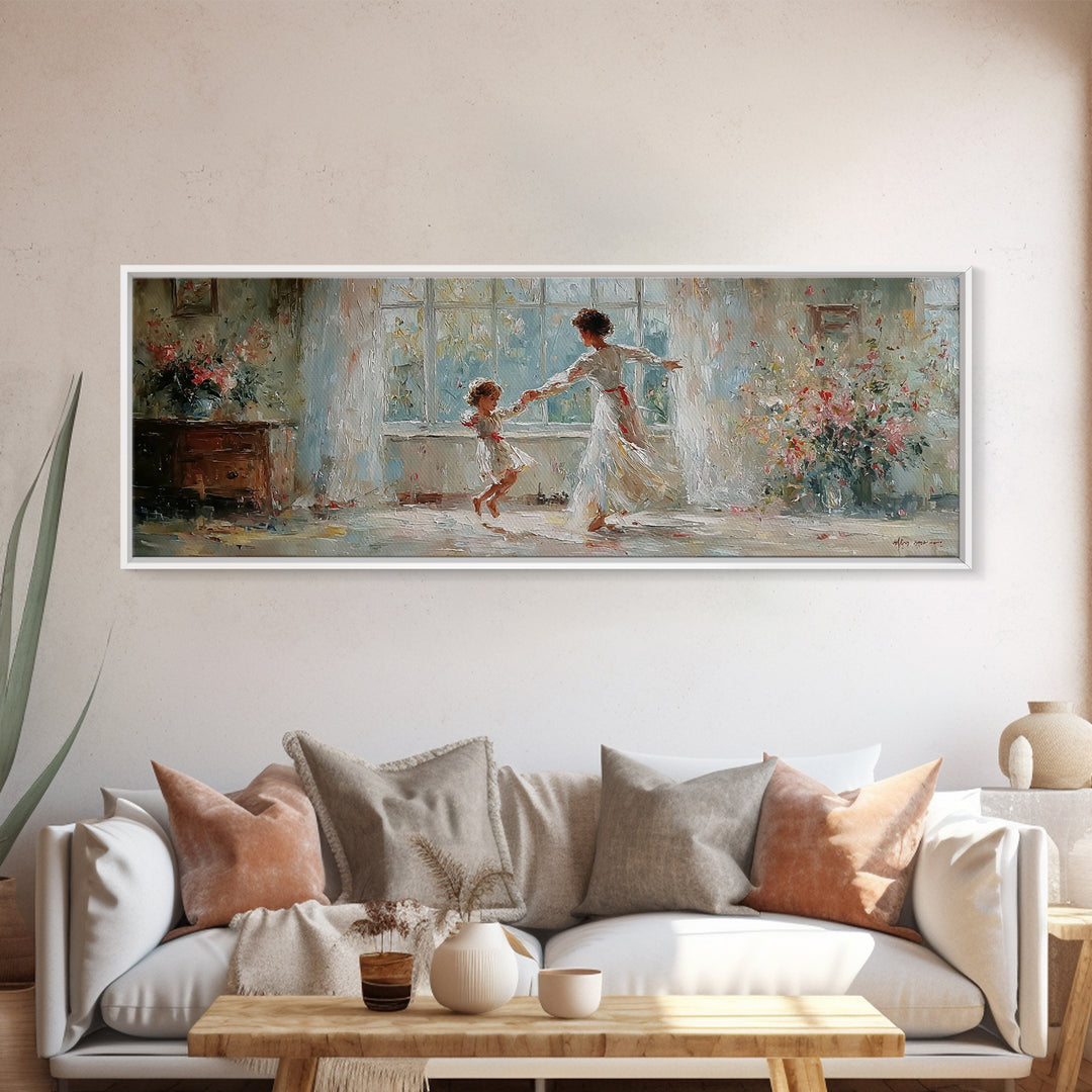 Mother And Daughter Dancing In White Dress Wall Art, Floral Window Interior, Feminine Wall Decor, Fine Art Print, Bedroom Decor