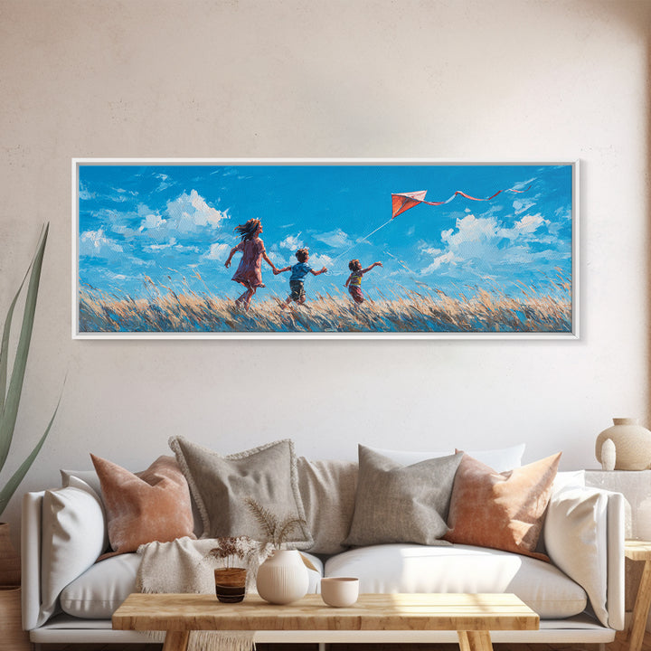 Children Flying Red Kite In Sunny Meadow Wall Art, Whimsical Nursery Decor, Kids Room Art, Summer Landscape Print, Home Decor