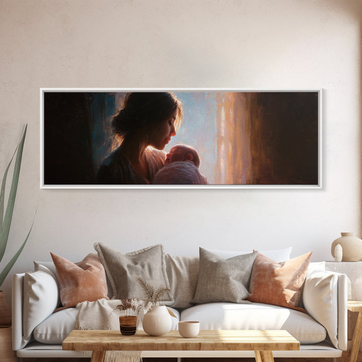 Mother Holding Newborn By Window Wall Art, Tender Motherhood Canvas Print, Baby Nursery Decor, Gift For Mom, Fine Art Print