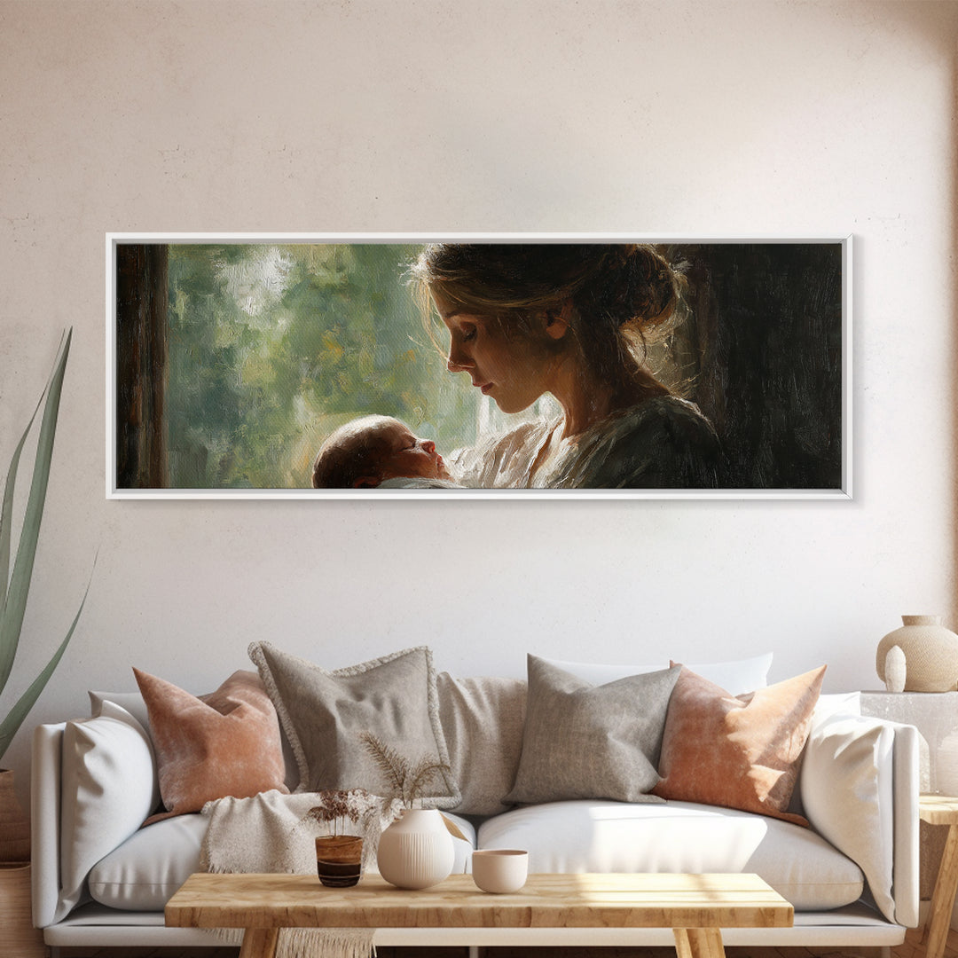 Mother Gazing At Newborn Near Window Framed Canvas Print, Soft Motherhood Wall Art, Baby Nursery Decor, Gift For Mom, Fine Art Print