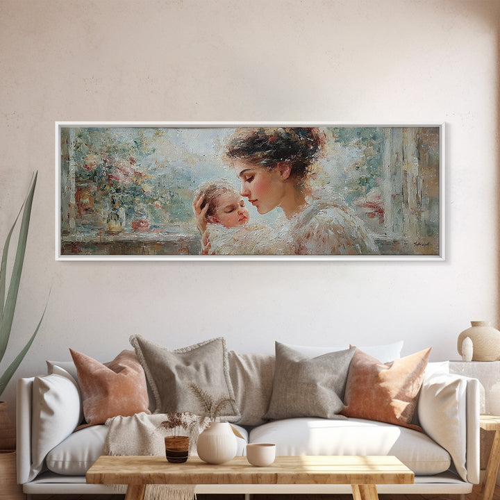 Mother Cuddling Sleeping Baby Near Window Wall Art, Impressionist Motherhood Canvas Print, Floral Nursery Decor, Gift For Mom