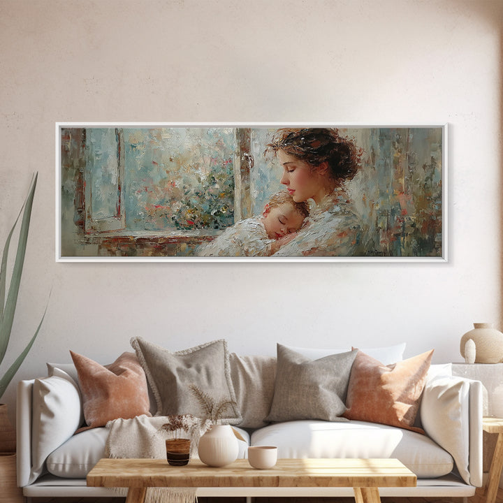 Mother Holding Sleeping Baby By Floral Window Framed Canvas Print, Tender Nursery Wall Art, Motherhood Decor, Gift For Mom