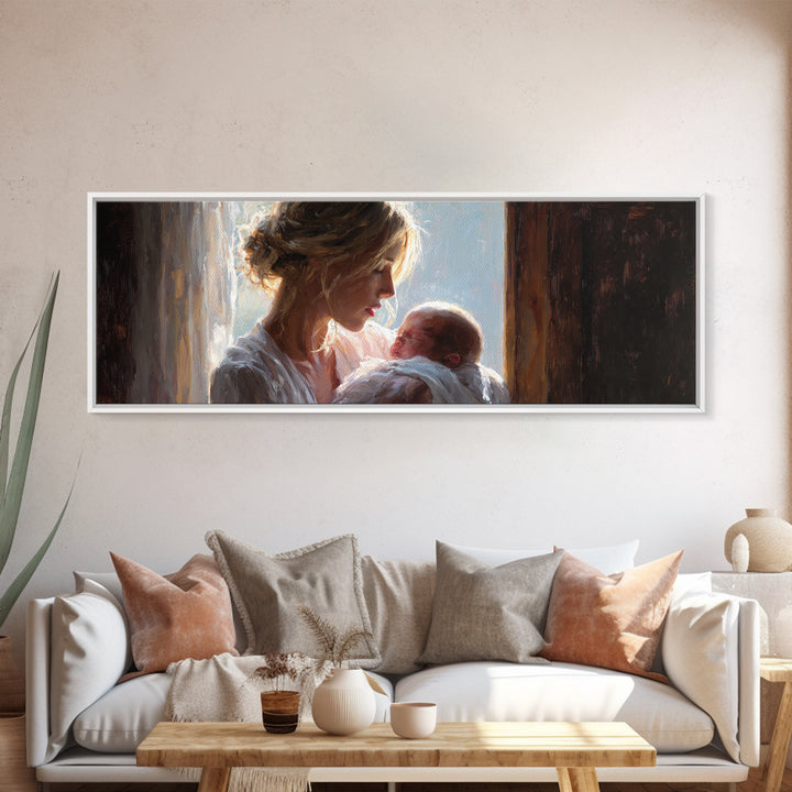 Mother Cradling Newborn In Golden Window Light Wall Art, Tender Motherhood Canvas Print, Baby Nursery Decor, Gift For Mom