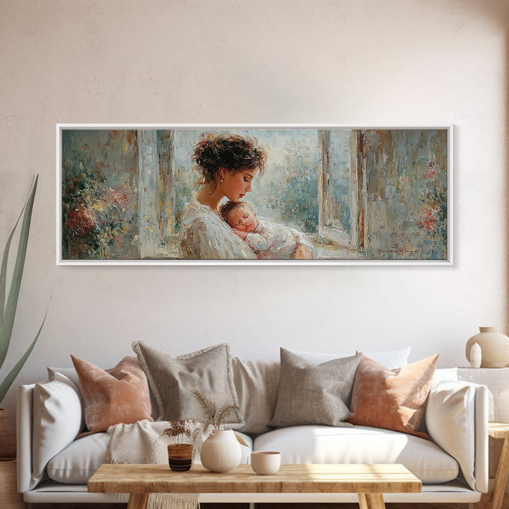 Mother And Sleeping Baby In Floral Window Canvas Print, Soft Motherhood Wall Art, Nursery Decor, Gift For Mom, Fine Art Print