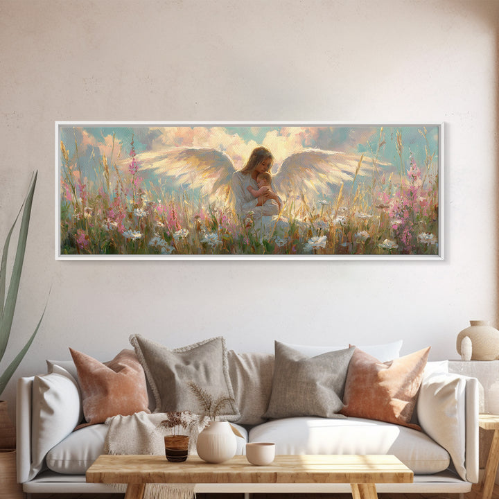 Angel Mother And Child In Wildflower Meadow Wall Art, Christian Nursery Decor, Feminine Spiritual Gift For Her, Living Room Decor