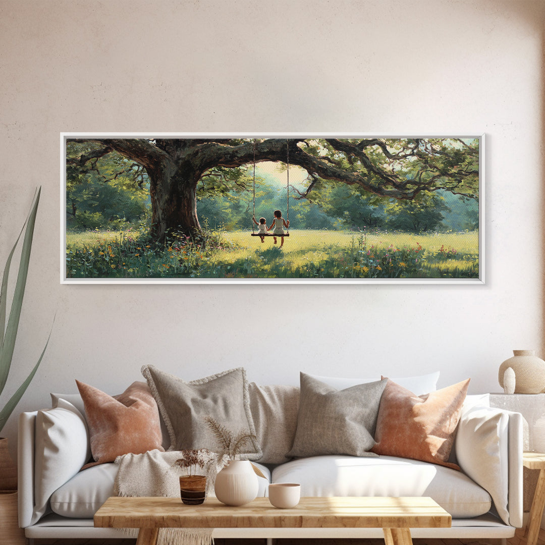 Children On Tree Swing Beneath Ancient Oak Wall Art, Whimsical Nursery Decor, Woodland Kids Room Art, Housewarming Gift Idea