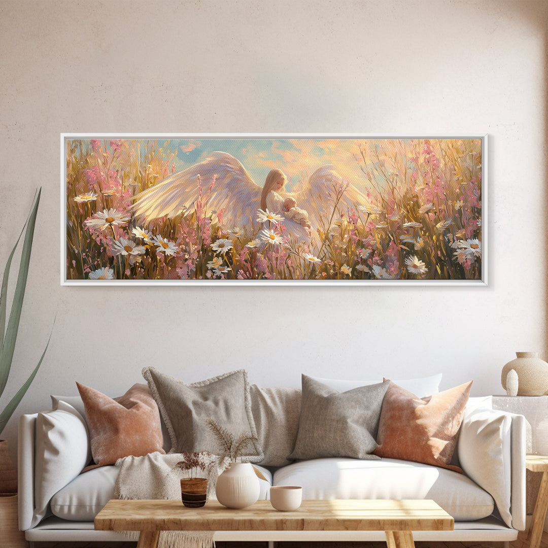 Guardian Angel Cradling Baby In Daisy Field Canvas Print, Christian Nursery Wall Art, Feminine Spiritual Home Decor, Gift For Her