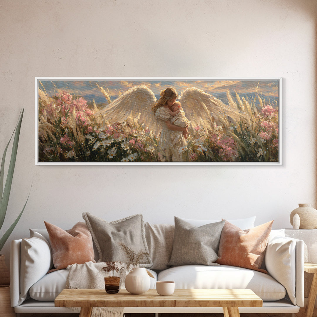Winged Angel Mother With Newborn At Sunset Wall Art, Christian Home Decor, Romantic Bedroom Art, Housewarming Gift For Mom