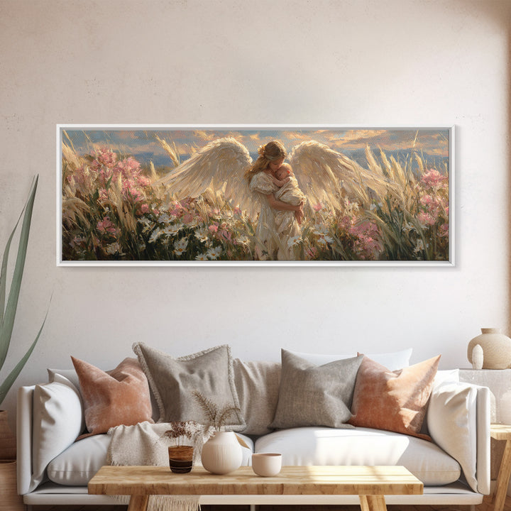 Winged Angel Mother With Newborn At Sunset Wall Art, Christian Home Decor, Romantic Bedroom Art, Housewarming Gift For Mom