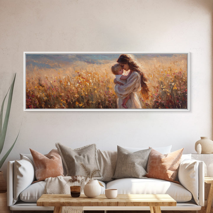 Golden Sunset Mother And Baby In Meadow Canvas Print, Romantic Wall Art, Feminine Bedroom Decor, Housewarming Gift For Her