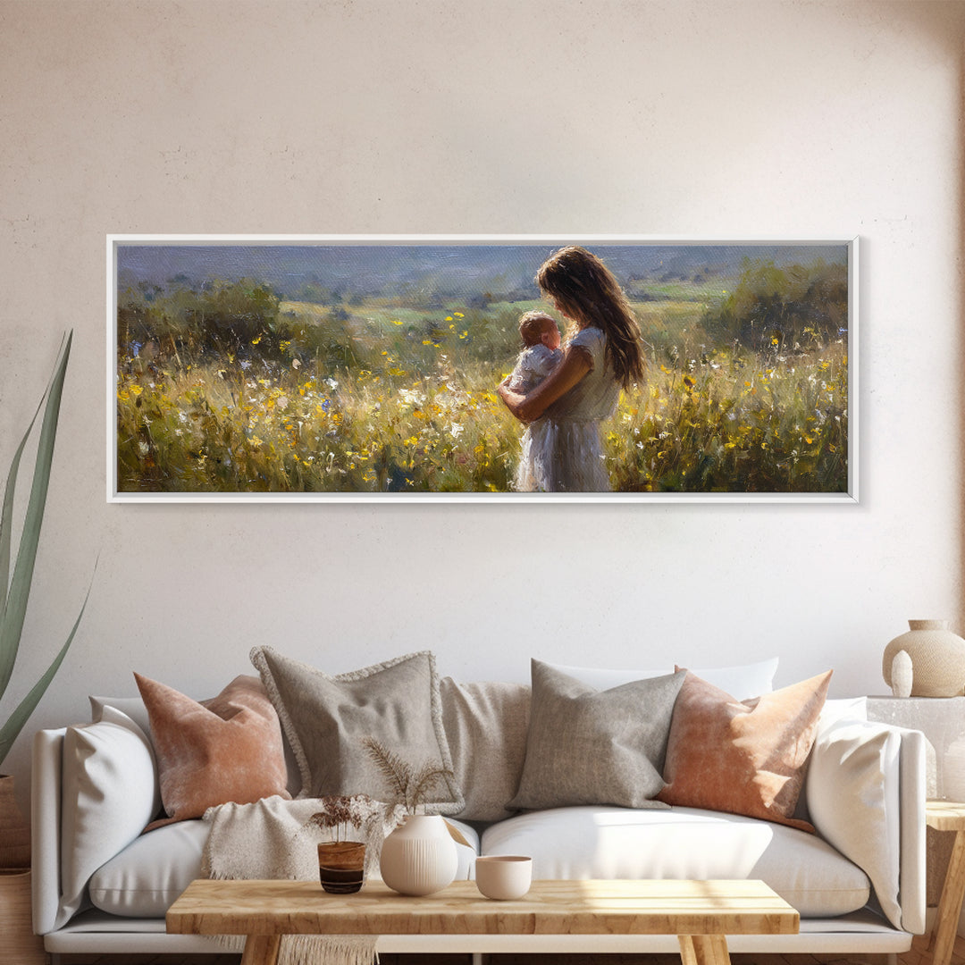 Mother And Baby In Sunlit Wildflower Meadow Wall Art, Impressionist Landscape, Nursery Decor, Gift For Mom, Above Bed Art