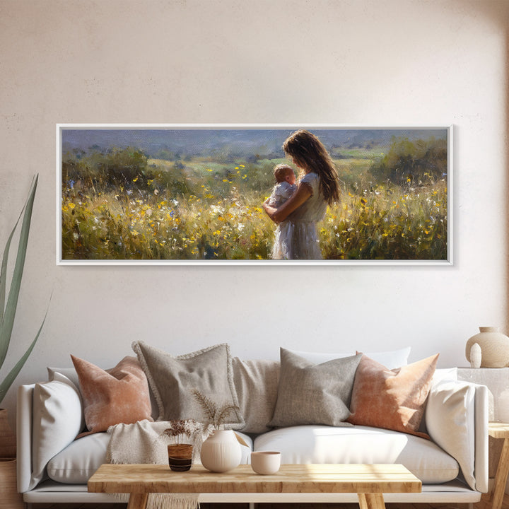 Mother And Baby In Sunlit Wildflower Meadow Wall Art, Impressionist Landscape, Nursery Decor, Gift For Mom, Above Bed Art