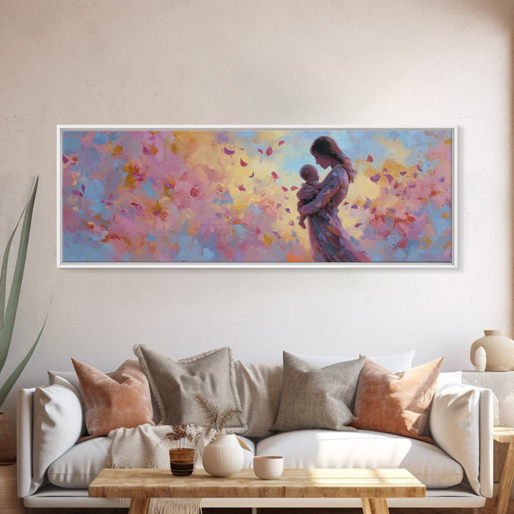 Mother Holding Baby With Pastel Butterflies Canvas Print, Colorful Nursery Wall Art, Feminine Decor, Baby Shower Gift Idea