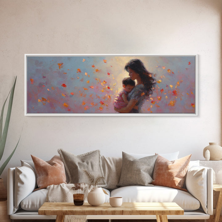Mother And Child With Autumn Leaves Framed Canvas Print, Warm Nursery Wall Art, Feminine Home Decor, Gift For Mom And New Mom Gift