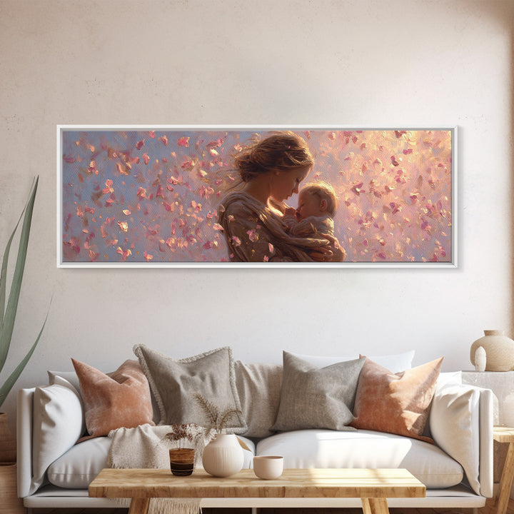 Mother And Baby In Pink Petal Light Canvas Print, Romantic Nursery Wall Art, Feminine Decor, New Mom Gift, Baby Shower Gift