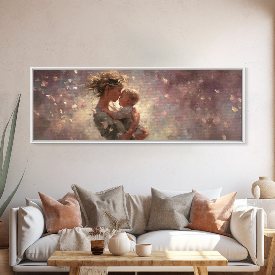 Mother And Baby Embrace In Dreamy Petals Wall Art, Impressionist Canvas Print, Romantic Nursery Decor, Gift For Mom, New Baby Gift
