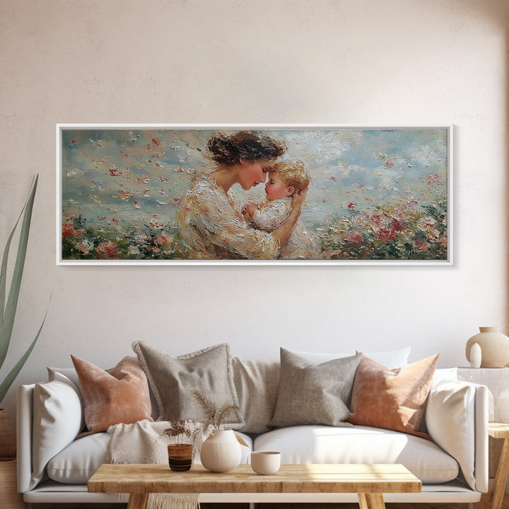 Mother Kissing Baby In Blue Wildflowers Framed Canvas Print, Textured Oil Painting Wall Art, Nursery Decor, New Mom Gift