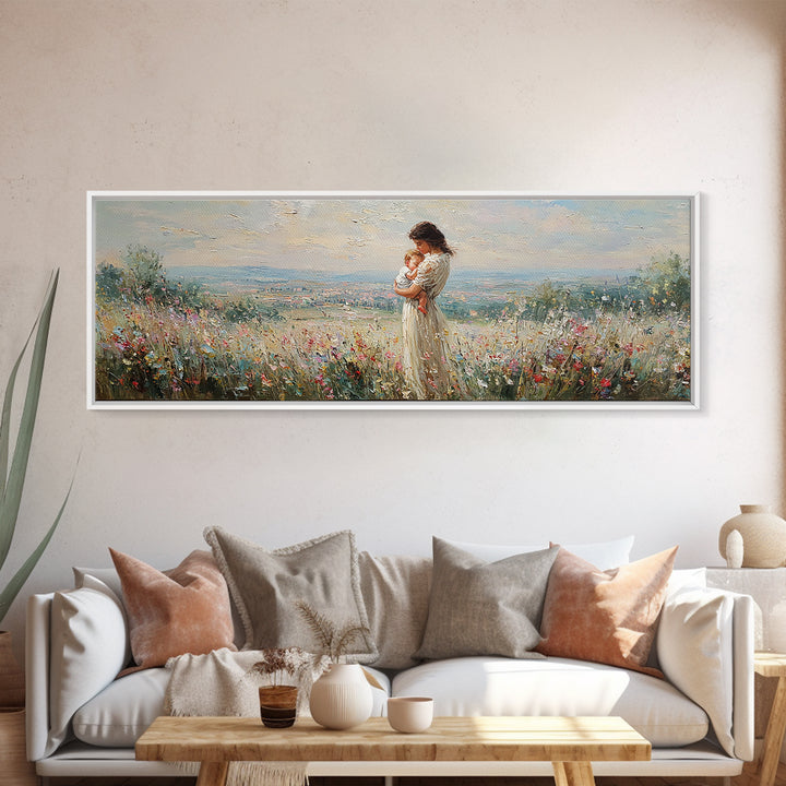 Mother Holding Baby In Hilltop Wildflower Meadow Wall Art, Panoramic Landscape Canvas Print, Nursery Decor, Gift For Mom