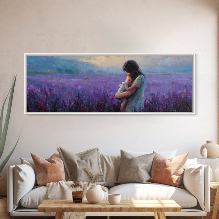 Mother And Baby In Lavender Field Canvas Print, Purple Landscape Wall Art, Calming Nursery Decor, Gift For Mom, New Baby Gift