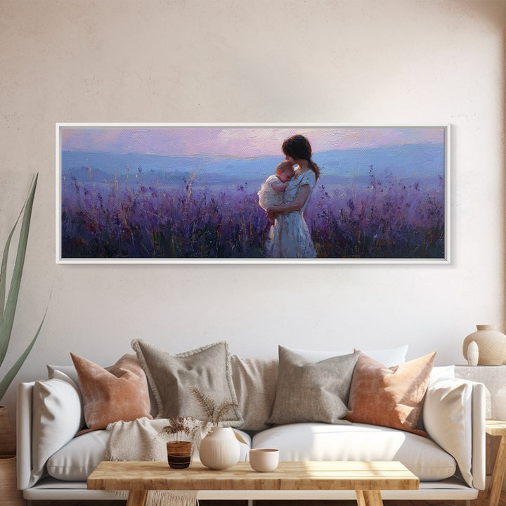 Mother Holding Baby At Lavender Sunset Wall Art, Moody Purple Landscape, Framed Canvas Print, Nursery Decor, Gift For Mom