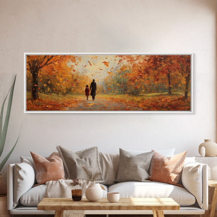 Parent And Child Strolling Golden Autumn Park Wall Art, Large Horizontal Canvas Print, Fall Landscape Decor, Housewarming Gift